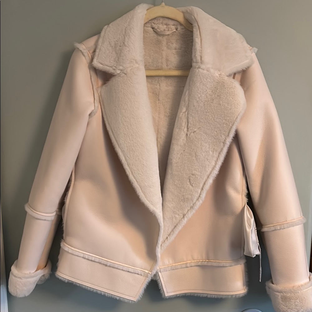 Guess Cream Teddy Jacket Plush Oversized Moto Style